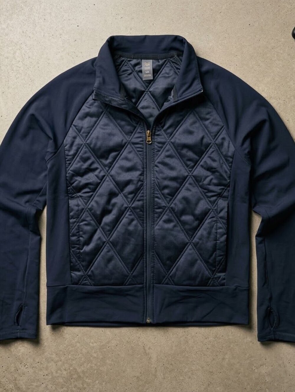 Rhone Womens L Navy Quilted Hybrid Active Jacket Thumbholes Athleisure Pilates